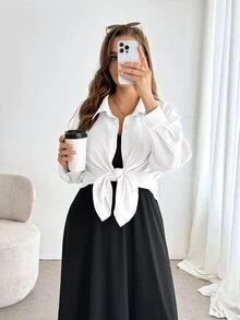 SHEIN Essnce 大尺碼純色極簡細肩帶洋裝搭配單排扣長袖襯衫 2 件套 - 白色 - 查看 7