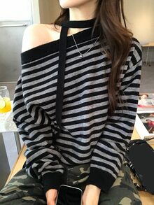 DAZY Women's Asymmetrical Shoulder Striped Long Sleeve Sweater Fall - Black - View 5