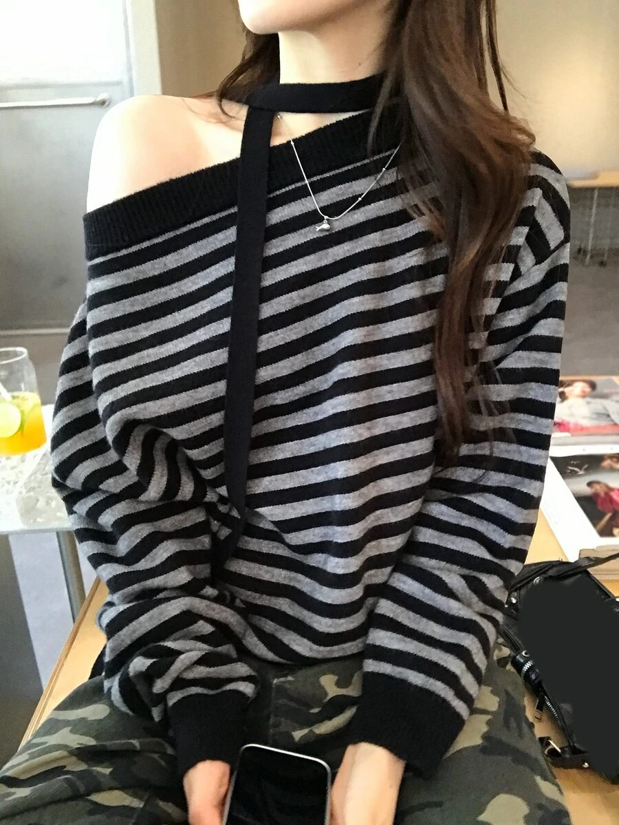 DAZY Women's Asymmetrical Shoulder Striped Long Sleeve Sweater Fall - Black - View 1