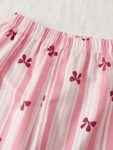 SHEIN 2-Piece Girls Toddler Cute Ruffle Lapel Long Sleeve & Long Pants Pink And White Striped Bow Print Comfy Lightweight Knit Autumn/Winter Pajamas - Baby Pink - View 4
