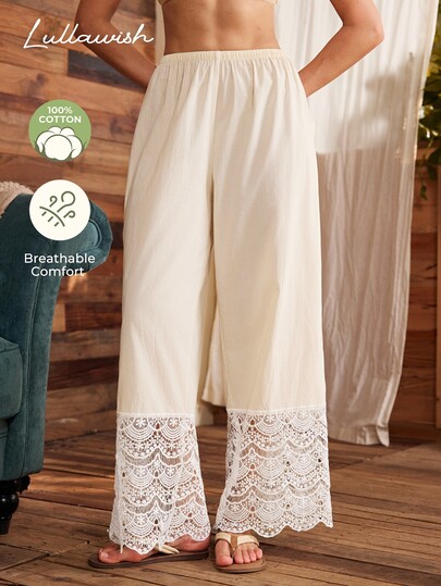 Lullawish Bohemian Casual Hollow Lace Ruffle Patchwork Comfortable Cotton Blend Woven Women's Pajama Bottoms