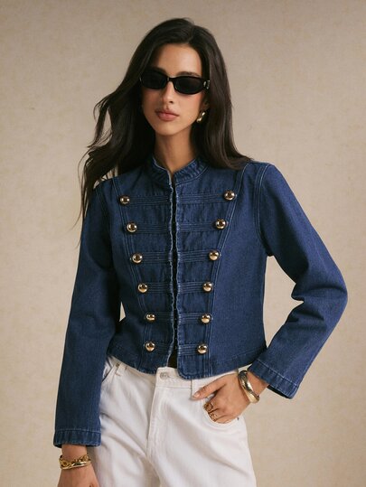 Poéselle Women's Studded Decor Casual Versatile Daily Wear Denim Jacket
