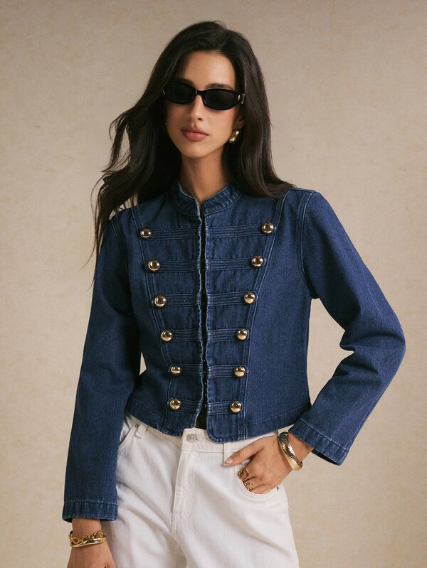 Poéselle Women's Studded Decor Casual Elegant Versatile Daily Wear Denim Jacket Autumn Everyday Day Time Office Everyday Day Time Navy Blue
