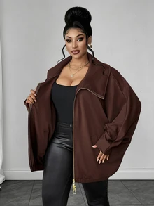 Maweii Jaket Wanita Ukuran Besar Model Batwing Lengan Panjang Warna Polos dengan Resleting - Coffee Brown - View 2