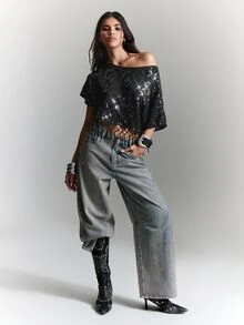 BAD SUNDAY Women's Mid-Sleeve Asymmetrical Shoulder Tassel Hem Crop Top, Y2K Sexy Millennium Style, Summer Halloween Party Club Going Out Black - Black - View 4