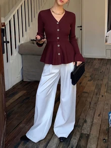 Mulvari Women's Elegant V-Neck Ruffle Trim Waist-Defining Cardigan, Autumn/Winter Social Clothing New Year - Burgundy - View 5
