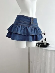 SHEIN PETITE 女款荷葉邊下擺牛仔迷你裙 - 淺色水洗藍 - 查看 6