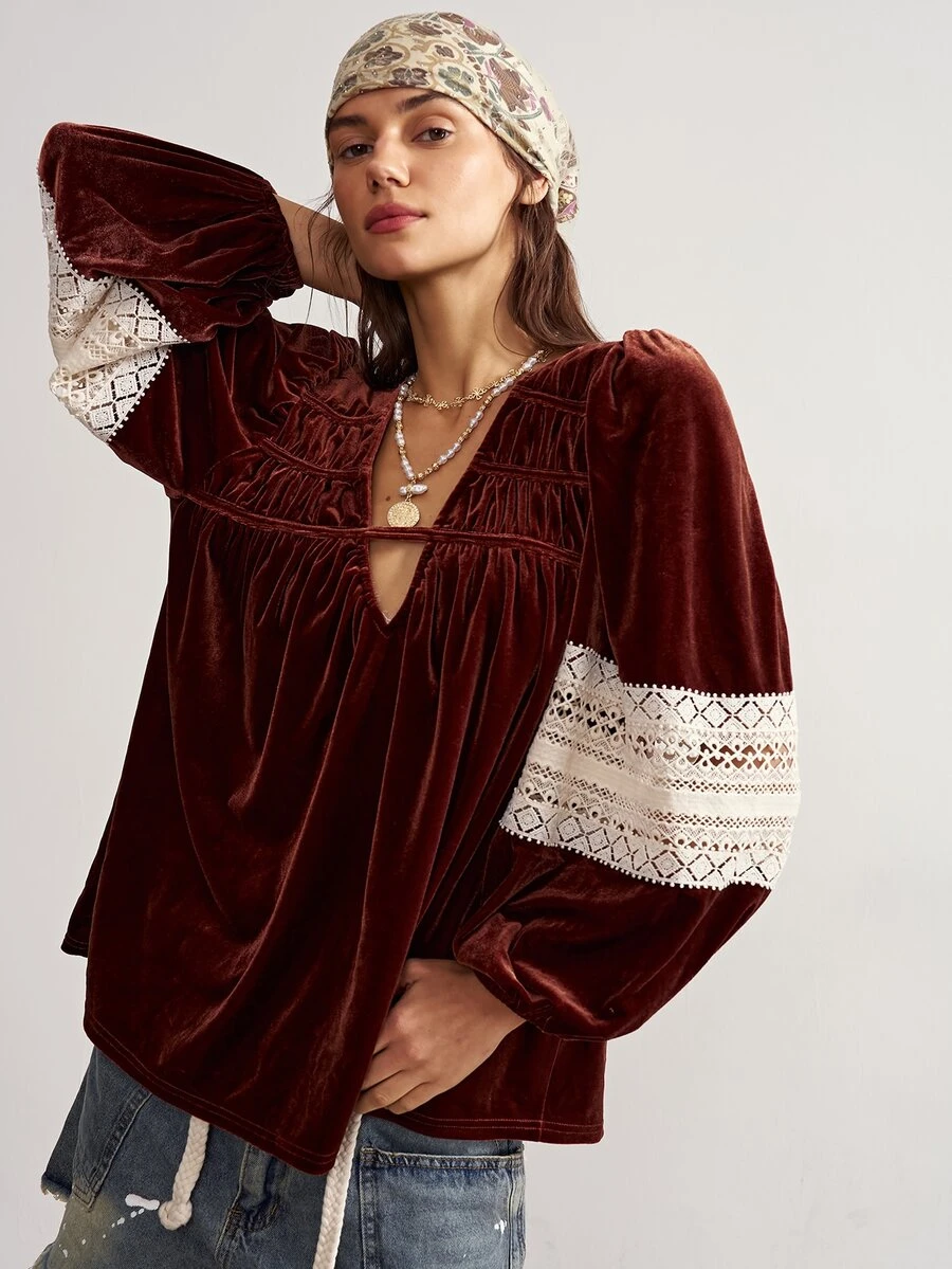 Bohemela Casual Solid Color Knit Loose Fit Women's Shirt - Coffee Brown - View 1