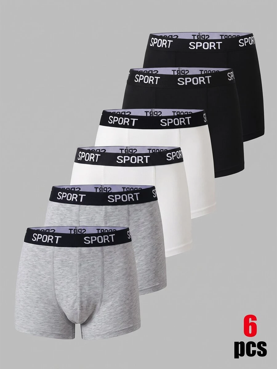 SHEIN 6pcs Kids Tween Boy Sports Casual Letter Pattern Elastic Skin-Friendly Boxer Briefs, White, Gray, Black - Multicolor - View 1