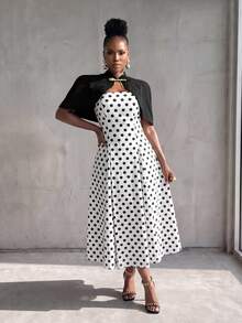 BamGlimmer Elegant Cape Polka Dot Print Dress 2 Pieces Set - Multicolor - View 7