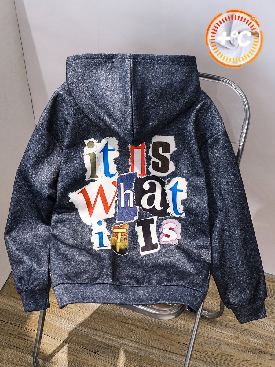 SHEIN 兒童青少年男孩休閒街頭風雪花布料字母圖案連帽衛衣,基礎上衣,適合秋冬、學校、家庭聚會、度假、派對,秋季穿搭,冬季穿搭 - 彩色 - 查看 1