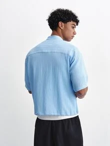 TOKVUE Men's Solid Color Short Sleeve Single-Breasted Casual Commuter Shirt - Baby Blue - View 2