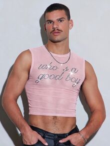 FeverCity Men's Fashion Sexy Rhinestone Decorated Mesh Cropped Tank Top - Pink - View 5