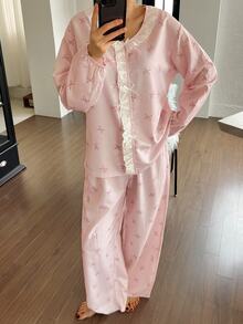 DAZY Autumn/Winter Sweet Plaid Bow Ruffle Loose Women's Pajama Set - Pink - View 3