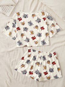 TOM & JERRY X SHEIN 女款可愛卡通印花上衣與短褲睡衣套裝 - 白色 - 查看 2