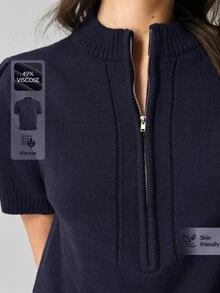 Ontre Women's Minimalist Versatile Zipper Short Sleeve Knit Top - Navy Blue - View 6