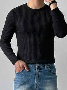 DAZY 春秋款羅紋彈性布料黑色圓領長袖素色男士T恤 - 黑色 - 查看 3