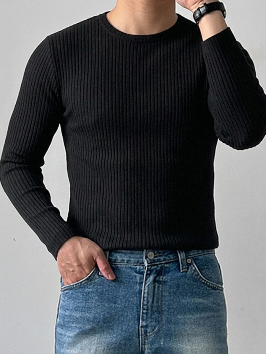 DAZY Spring/Autumn Ribbed Elastic Fabric Black Round Neck Long Sleeve Solid Color Men's T-Shirt - Black - View 1