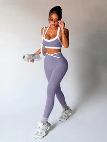 Dewbera Dewbera 女款極簡短版掛脖背心與交叉腰對比色長褲運動套裝 - 紫色 - 查看 3