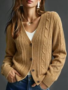 Trelyra Women's Cable Knit Long Sleeve Single-Breasted Casual Cardigan - Ginger - View 2