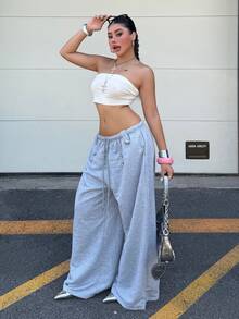 Muchica Plus-Size Women's Solid Color Drawstring Waistband Double-Breasted Wide-Leg Sweatpants, Retro Casual Style. - Grey - View 5