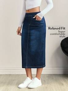Flexra 大尺碼女款休閒深色水洗牛仔裙，附口袋 - 中等水洗藍 - 查看 3