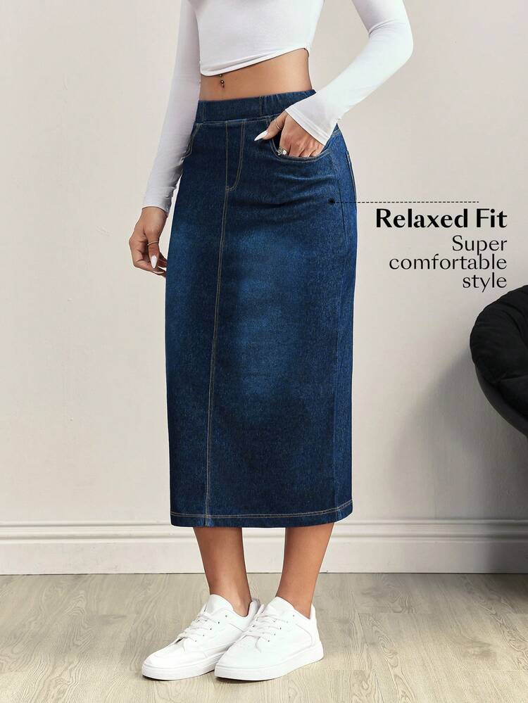 Flexra Plus Size Women's Casual Dark Wash Denim Skirt With Pockets - Medium Wash - View 3