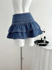 SHEIN PETITE 女款荷葉邊下擺牛仔迷你裙 - 淺色水洗藍 - 查看 2