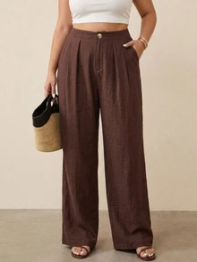 Dazy Plus Solid Color Loose Wide Leg Pants With Pockets, Casual Vacation Summer Long Pants - Brown - View 1
