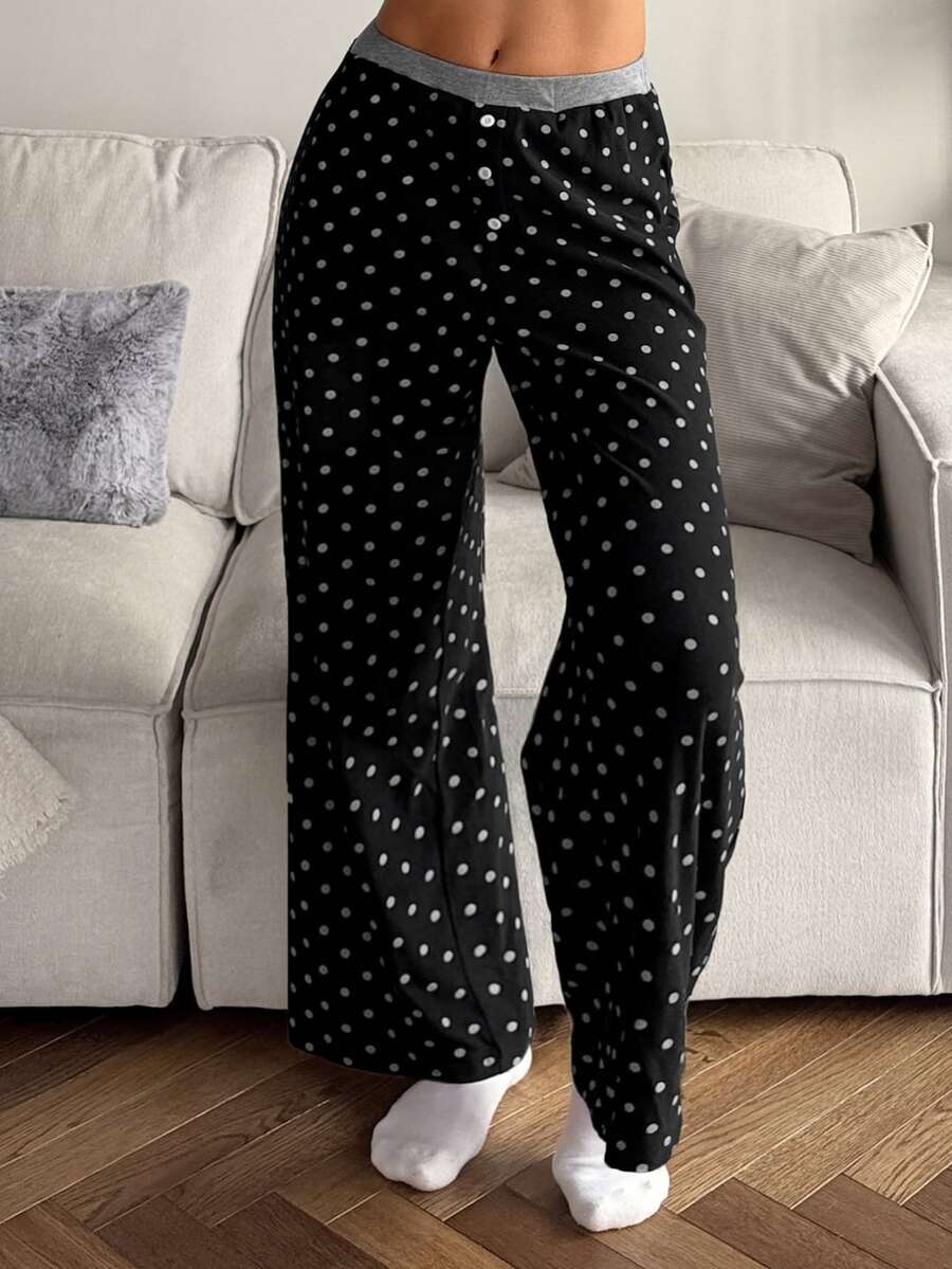DAZY Women's Polka Dot Pattern Button Design Loose Pajama Pants Fall - Black - View 1