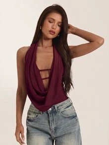 SHEIN BAE Spring/Summer Brown Draped Neck Deep V Cut-Out Fitted Bodysuit, Sexy Hot Girl Style For Date, Party, Vacation Top - Burgundy - View 4