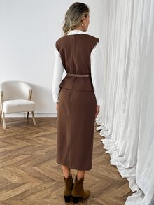 SHEIN LUNE 女款休閒秋冬通勤日常基礎時尚外套兩件套 - 駝色 - 查看 2
