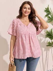 Comfylo Plus Size Vacation Casual Solid Color Cut-Out Shirt - Dusty Pink - View 3
