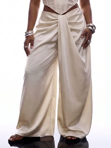 LYSMO Plus Size Fashion Commuter Cocktail Party Date Night Evening Formal Sexy Elegant Solid Color Ruched Wide Leg Pants White Autumn Curve Wedding Fall - Champagne - View 9