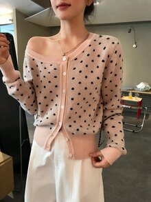 DAZY Women's Asymmetrical Shoulder Polka Dot Korean Style Long Sleeve Autumn/Winter Cardigan - Pink - View 9