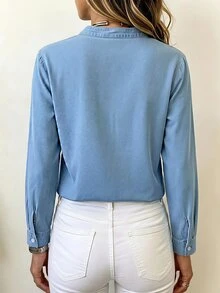 EMERY ROSE Plus Size Women's Notch V-Neck Single-Breasted Casual Denim Shirt - Blue - View 2