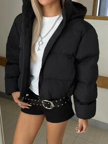 Livesso Women's Winter Black Hooded Drawstring Long Sleeve Thick Padded Pocket Decor Loose Padded Coat - Black - View 3