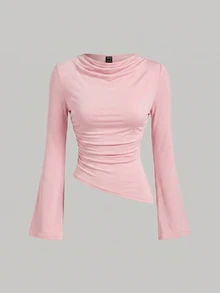 SHEIN MOD 女款 2 件組 酒紅與杏色圓領抓皺腰部喇叭袖不對稱下擺百搭長袖 T 恤內搭層 - 紅色 - 查看 5