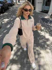 DAZY Women's Letter Print Zipper Design Long Sleeve Top And Pants Pajama Set Fall - Khaki - View 1