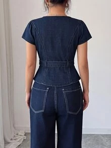 Elenzga Atasan Denim Wanita Elegan dengan Hiasan Ruffle dan Sabuk Pinggang - Dark Wash - View 2