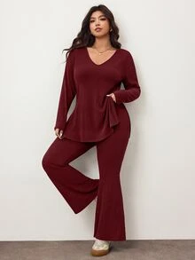 Enliva 大尺碼休閒居家服簡約露肩羅紋兩件套，秋季衣物，冬季衣物，適合圓潤身型曲線 - 酒紅色 - 查看 4
