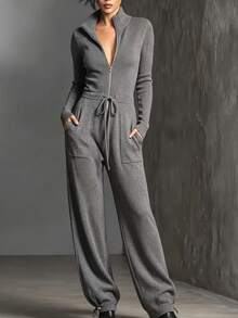 Balvessa Women's Zipper Half-Placket Drawstring Waist Sweater Jumpsuit - Dark Grey - View 3