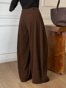 DAZY Celana Panjang Wanita Model Korduroi Polos dengan Sabuk dan Potongan Melengkung, Kasual untuk Liburan Musim Gugur/Dingin, Cocok untuk Wanita. - Coklat - View 5