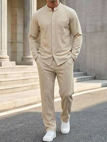 DAZY Spring/Autumn Solid Apricot Shirt Top With Elastic Waist Drawstring Pants, Slightly Loose Fit Men's Shirt Set - Apricot - View 1