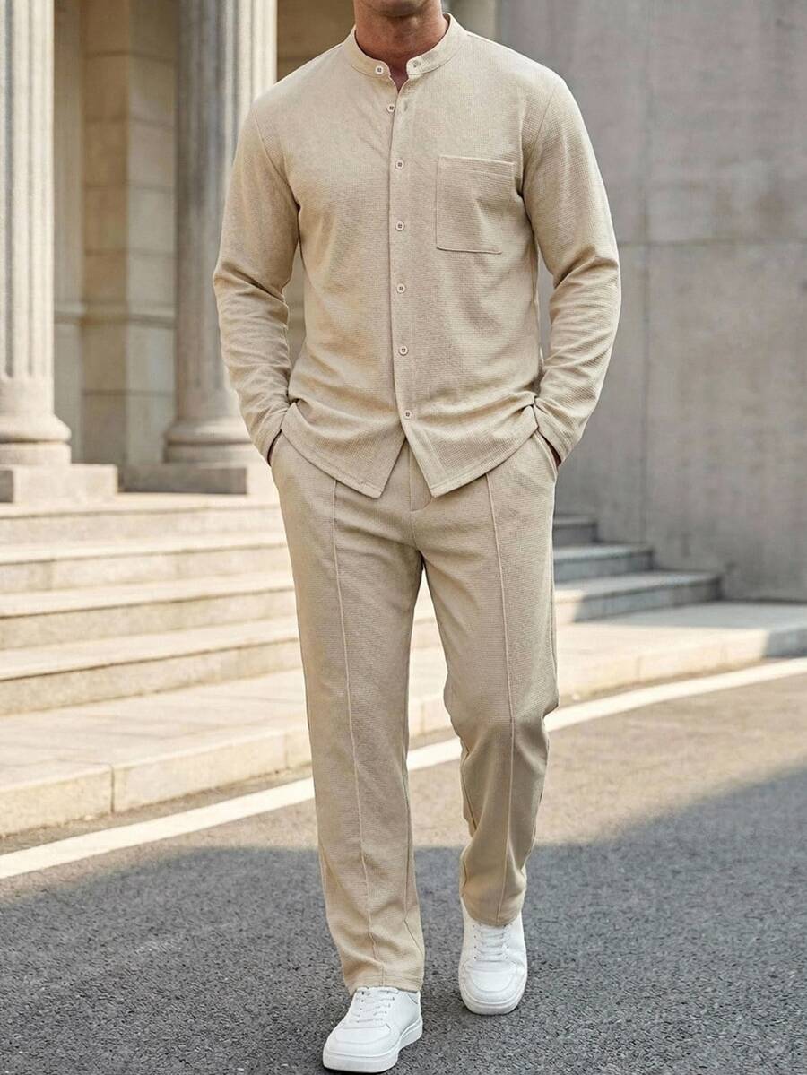 DAZY Spring/Autumn Solid Apricot Shirt Top With Elastic Waist Drawstring Pants, Slightly Loose Fit Men's Shirt Set - Apricot - View 1