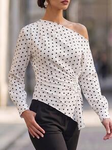 Editum Women's White And Black Polka Dot Print Asymmetrical Shoulder Ruched Waist Blouse Office Dinner Summer French Elegant - Multicolor - View 5