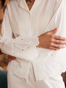 Lullawish Bohemian Casual Vacation Embroidered Floral Lace Patchwork Comfortable Cotton Blend Loose Fit Women's Pajama Set - White - View 3