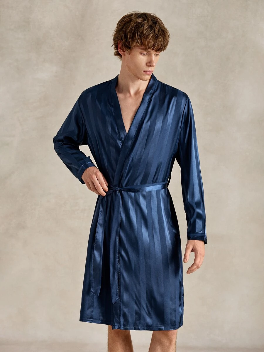 EverLounge Comfortable Minimalist Satin Men's Robe - Navy Blue - View 1