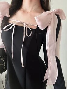 FRIFUL Women's Elegant Romantic Bowknot Long Dress Party Dinner Date Night Cocktail Black And Pink Fall Wedding - Grey - View 3