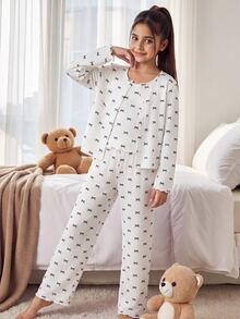 SHEIN Tween女孩秋冬休閒居家服3件套，夾克、背心與長褲，甜美黑白蝴蝶結印花兒童家居服套裝，女孩居家服，適合四季穿著 - 白色 - 查看 8